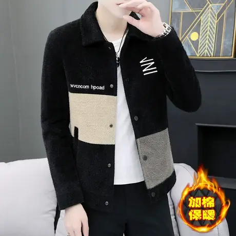 加棉衣服保暖仿貂绒外套大衣男士冬季短款帅气韩版潮流毛呢子夹克商品大图
