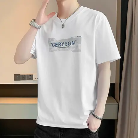 白色短袖t恤男夏季薄款宽松休闲冰感体恤青少年潮牌印花半袖上衣商品大图