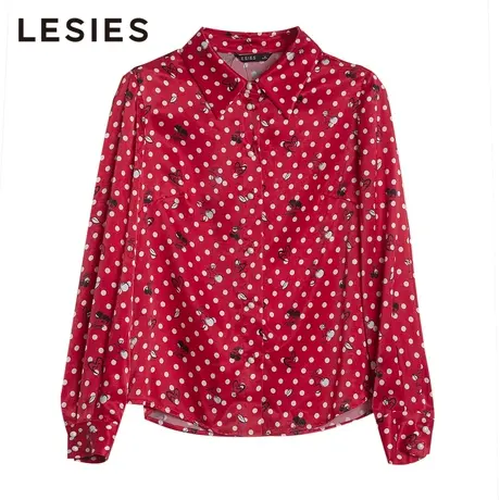 LESIES蓝色倾情春秋女装线下专柜波点樱桃满印缎面衬衫上衣图片