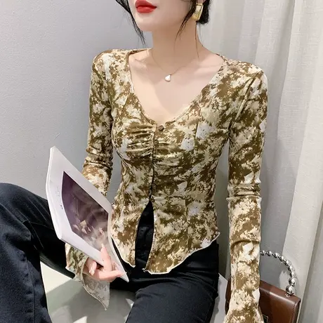 2023早秋新款扎染印花T恤女长袖内搭收腰打底衫性感V领开叉上衣潮商品大图