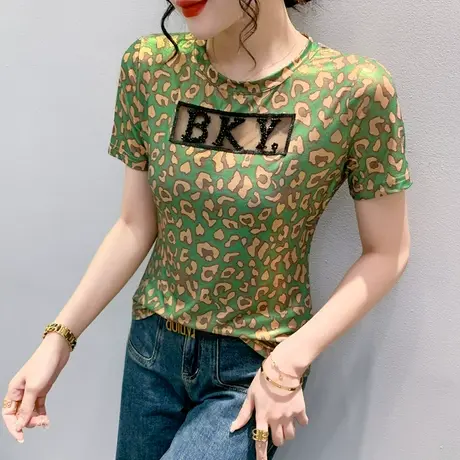 网纱拼接短袖T恤女夏季洋气性感镂空上衣别致钉珠半袖修身小衫ins商品大图