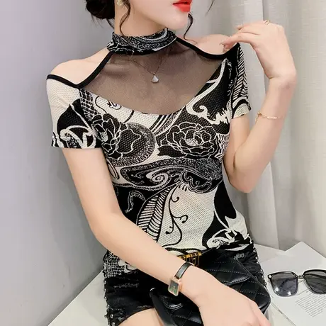 性感露肩T恤女短袖时尚洋气网纱拼接上衣气质立领小衫印花体恤夏商品大图