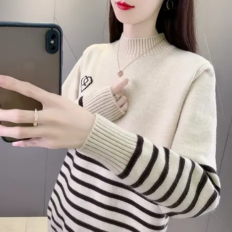 冬季女装2023新款条纹半高领针织套头毛衣时尚加厚宽松上衣打底衫商品大图