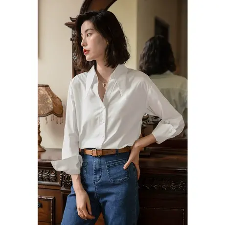 弥古白色尖领衬衫女上衣高级感正肩v领法式衬衣内搭打底春季女装商品大图