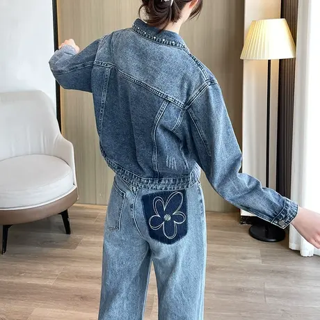 美式街头钉珠短款牛仔外套女2023春秋新款休闲复古翻领百搭上衣潮商品大图