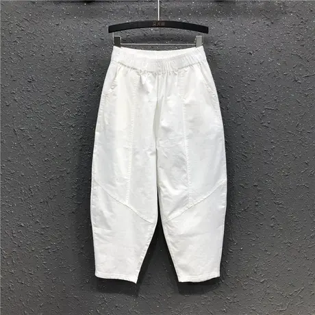 白色老爹裤简约休闲灯笼裤女春夏新款欧货宽松松紧腰牛仔哈伦裤潮图片