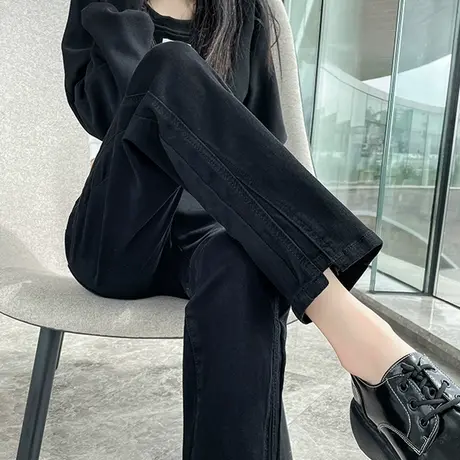 黑色直筒牛仔裤女黑色2023年秋冬新款高腰宽松加绒加厚九分烟管裤商品大图