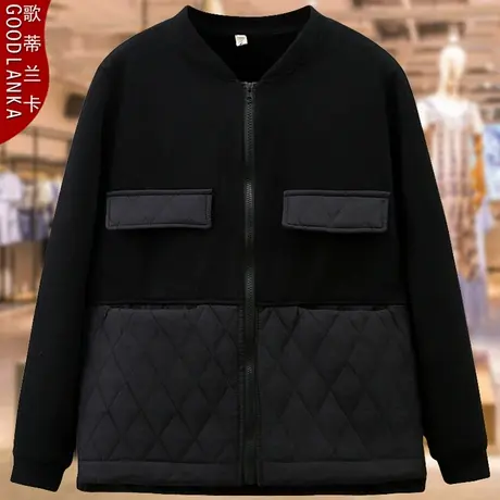 加肥加大码中年胖妈妈秋冬拼接棉衣宽松时尚棒球服领休闲棉衣外套商品大图