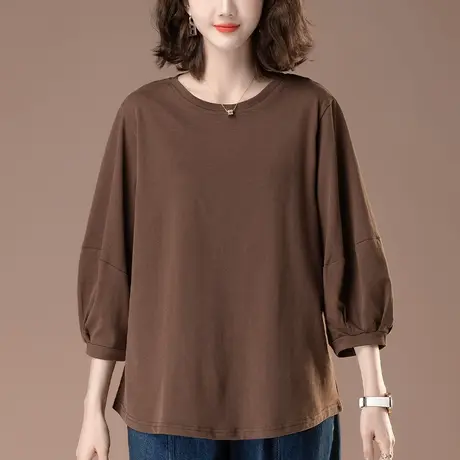 春夏季新款七分袖T恤女加肥加大码女装宽松中年妈妈全棉灯笼中袖图片