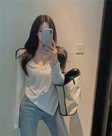 大U圆领白色百搭不规则针织打底衫女春夏季内搭t恤上衣设计感小众商品大图