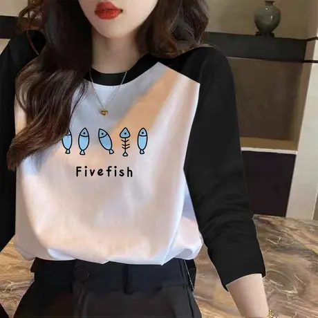 纯棉长袖t恤女插肩袖宽松圆领上衣2023年春装体恤白色内搭打底衫图片