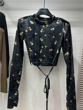 2023秋季新款金丝绒绑带短款长袖小衫女韩版修身百搭高腰垫肩上衣商品大图