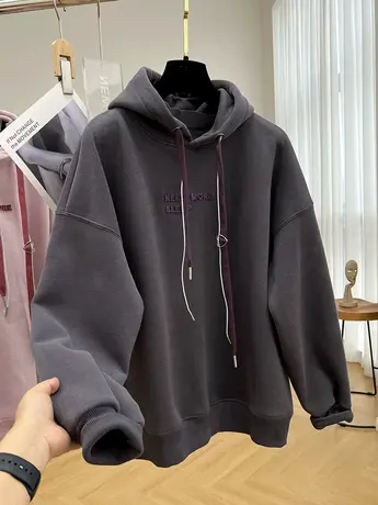 韩系加绒加厚一体绒连帽套头卫衣女冬季宽松慵懒风oversize上衣潮图片