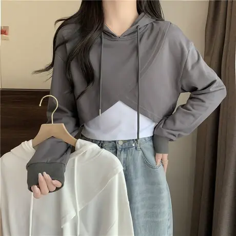 不规则连帽卫衣女春秋薄款设计感短款长袖上衣服背心两件套潮ins商品大图