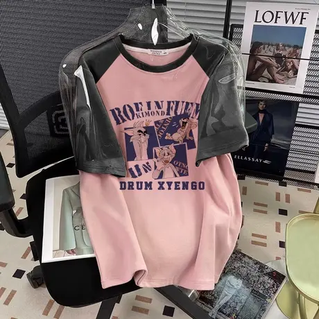 美式复古半袖黑粉插肩t恤女hiphop高级感上衣ins潮大码纯棉短袖夏图片