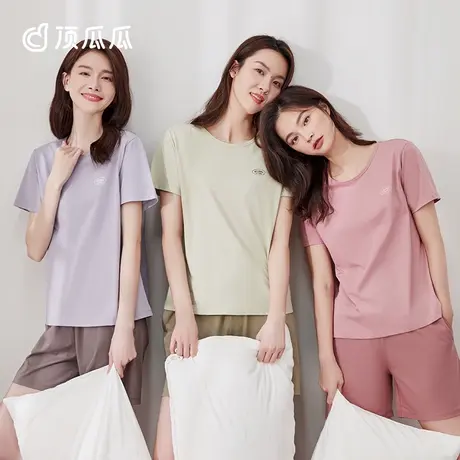 【凉感】顶瓜瓜纯棉短袖睡衣女夏款纯色情侣套头家居服套装男薄款商品大图