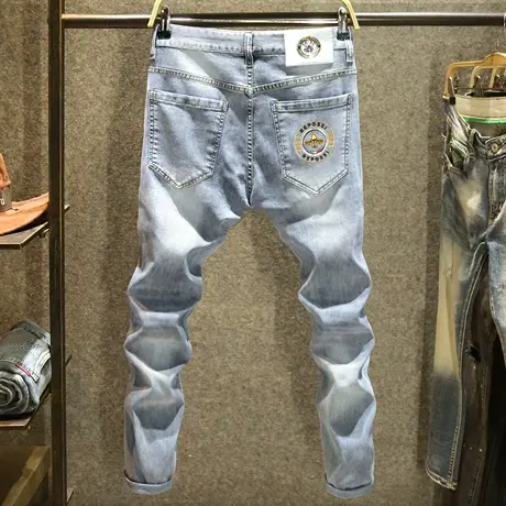 夏季蓝色百搭牛仔裤男款简约欧货时尚刺绣长裤子潮流修身小脚裤薄商品大图