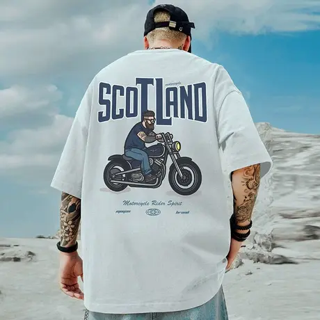 机车潮牌宽松T恤胖子短袖男加肥加大五分袖纯棉国潮大码男装夏季图片