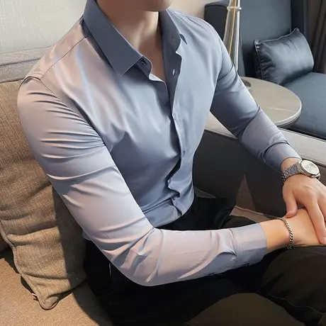 高级感雾蓝色气质衬衫男长袖春夏2025年商务痞帅垂滑西服内搭寸衣图片