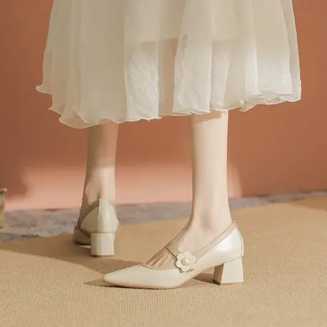 2024新款温柔中跟单鞋浅口气质复古法式玛丽珍单鞋女粗跟搭配裙子商品大图