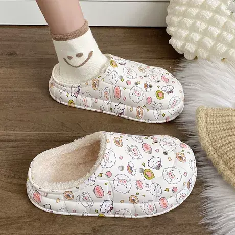 防水棉拖鞋女秋冬厚底可爱小绵羊室内家居防滑毛绒保暖可外穿棉拖商品大图
