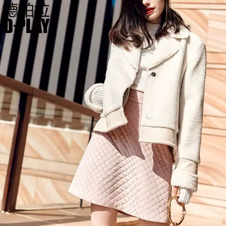 DPLAY德帕拉秋装款白色仿皮草拼接短pu加绒保暖短外套商品大图