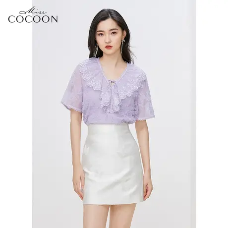 miss COCOON紫色蕾丝打底衫女夏2023新款短袖V领时尚显瘦法式上衣商品大图