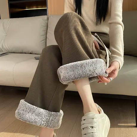 加绒加厚阔腿裤女冬季新款羊羔绒小个子垂感休闲窄版灯芯绒直筒裤图片
