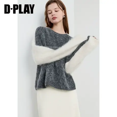DPLAY冬轻奢琎口含羊驼毛灰拼杏加厚氛围感撞色针织套头毛衣商品大图