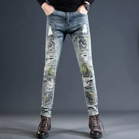 香港高端复古破洞补丁牛仔裤男秋冬款修身小脚潮流刺绣痞帅男裤子商品大图