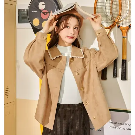 唐狮长袖衬衫女冬季新翻领麂皮绒衬衣外套宽松上衣设计感图片