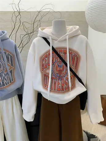 复古字母图案加绒短款卫衣女连帽2024年新款爆款秋冬韩系宽松外套商品大图