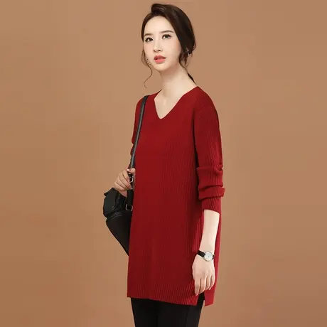 韩潮袭人V领中长款毛衣女2024春季新款休闲百搭红色针织衫上衣图片