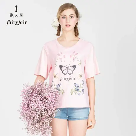 淑女屋纯棉短袖T恤女夏装新款蝴蝶印花网纱针织纯色宽松上衣商品大图