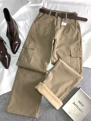 美式大口袋加绒工装长裤2023冬季新款显瘦百搭弹力高腰修身休闲裤商品大图