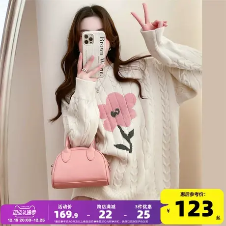唐狮女高级感超好看的毛衣2023年秋冬新款绞花圆领套头白色毛衣PO商品大图