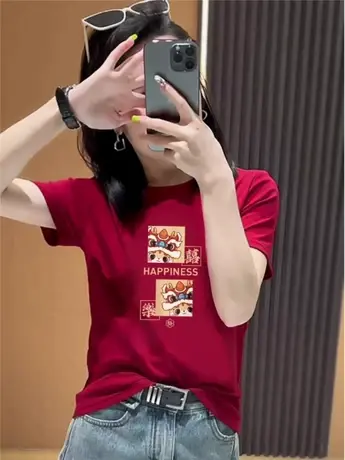 囍乐龙年2024本命年新款枣红色圆领t恤女宽松百搭纯棉短袖体恤女商品大图