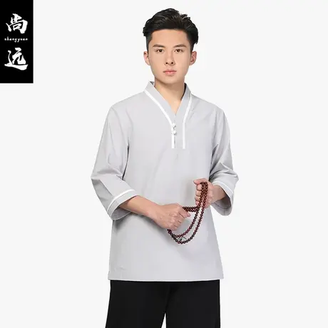 尚远全棉两粒扣汉服上衣中国风唐装外套复古衬衫居士服禅修服图片