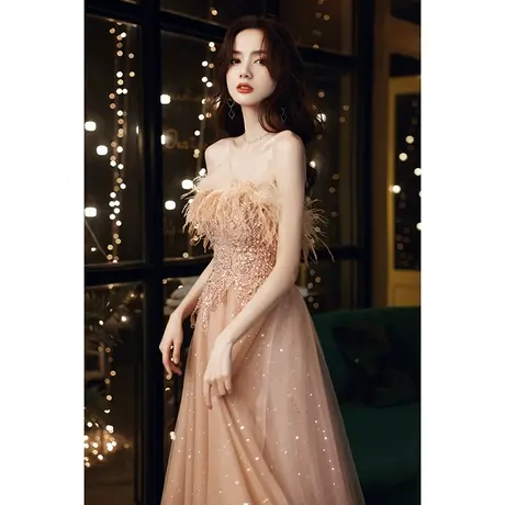 晚礼服女2020新款高级名媛高端优雅长款仙气羽毛蓬蓬裙年会主持人图片