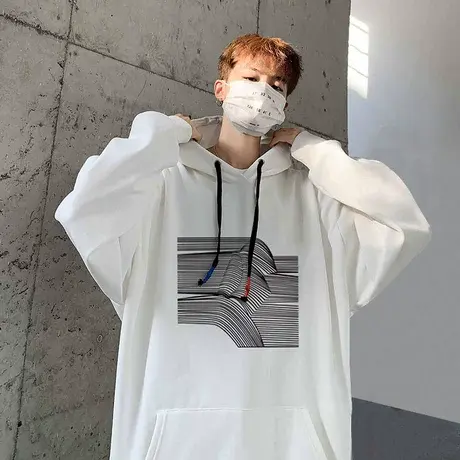 几何图案连帽卫衣男宽松韩版秋冬季加绒上衣ins潮流百搭港风外套商品大图