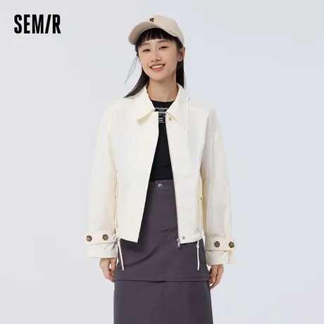 森马外套女简约翻领夹克时尚百搭春季气质宽松抽绳上衣休闲复古风图片