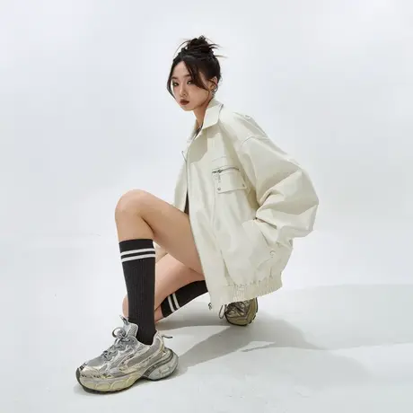 YEP美式复古纯色外套女春秋2025年新款街头潮牌PU皮夹克宽松上衣图片