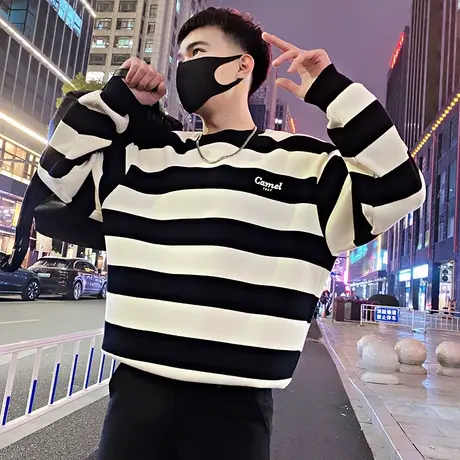 撞色条纹卫衣T恤男春季潮牌时尚复古宽松休闲长袖T恤套头打底上衣图片