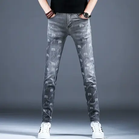 春秋新款美式高街弹力印花牛仔裤男款时尚烟灰色修身小脚裤子潮牌商品大图