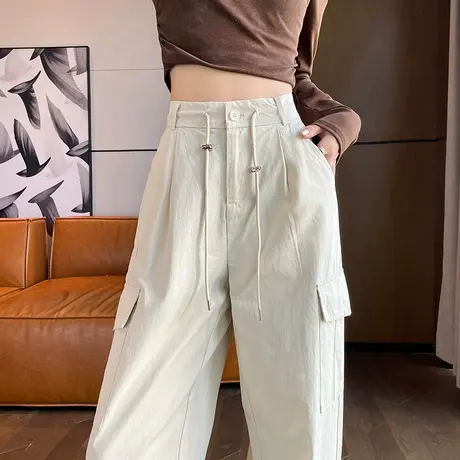 军绿色美式工装裤女春秋季2024新款高腰阔腿小个子休闲束脚运动裤图片