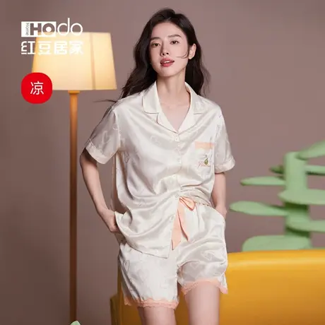 红豆冰丝睡衣女凉感抗静电提花短袖套装甜美蕾丝家居服春夏季薄款商品大图