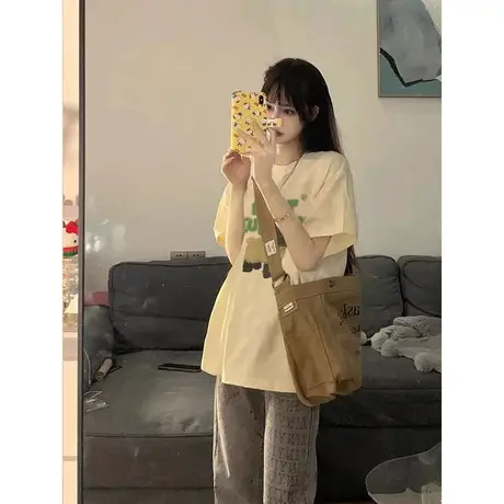 夏季短袖t恤女宽松复古美式高街小众设计感oversize半袖潮牌上衣商品大图