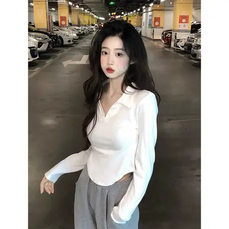 纯棉polo领长袖t恤女春秋季新款设计感修身打底衫短款上衣服早秋商品大图