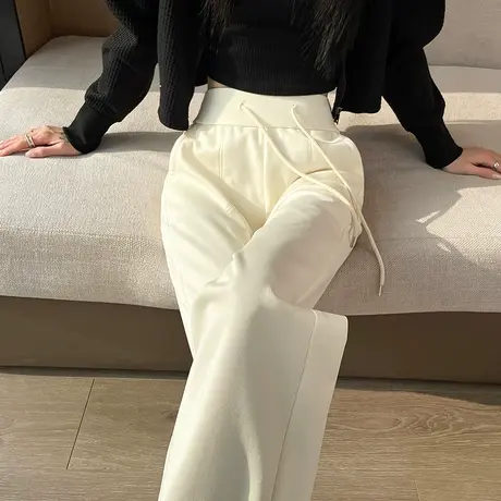 杏色窄版阔腿裤女春秋新款高腰显瘦垂感宽松休闲直筒松紧腰拖地裤商品大图