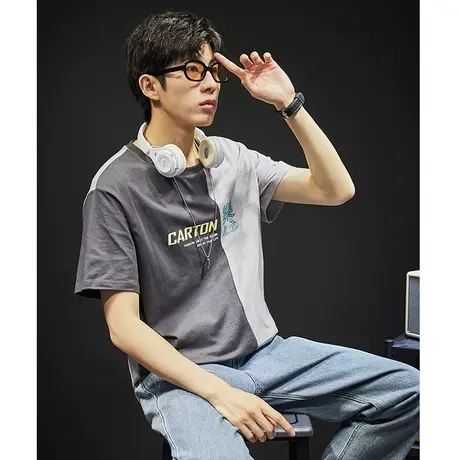 唐狮夏季纯棉拼接短袖t恤男士潮休闲宽松圆领打底衫半袖衣服体恤图片